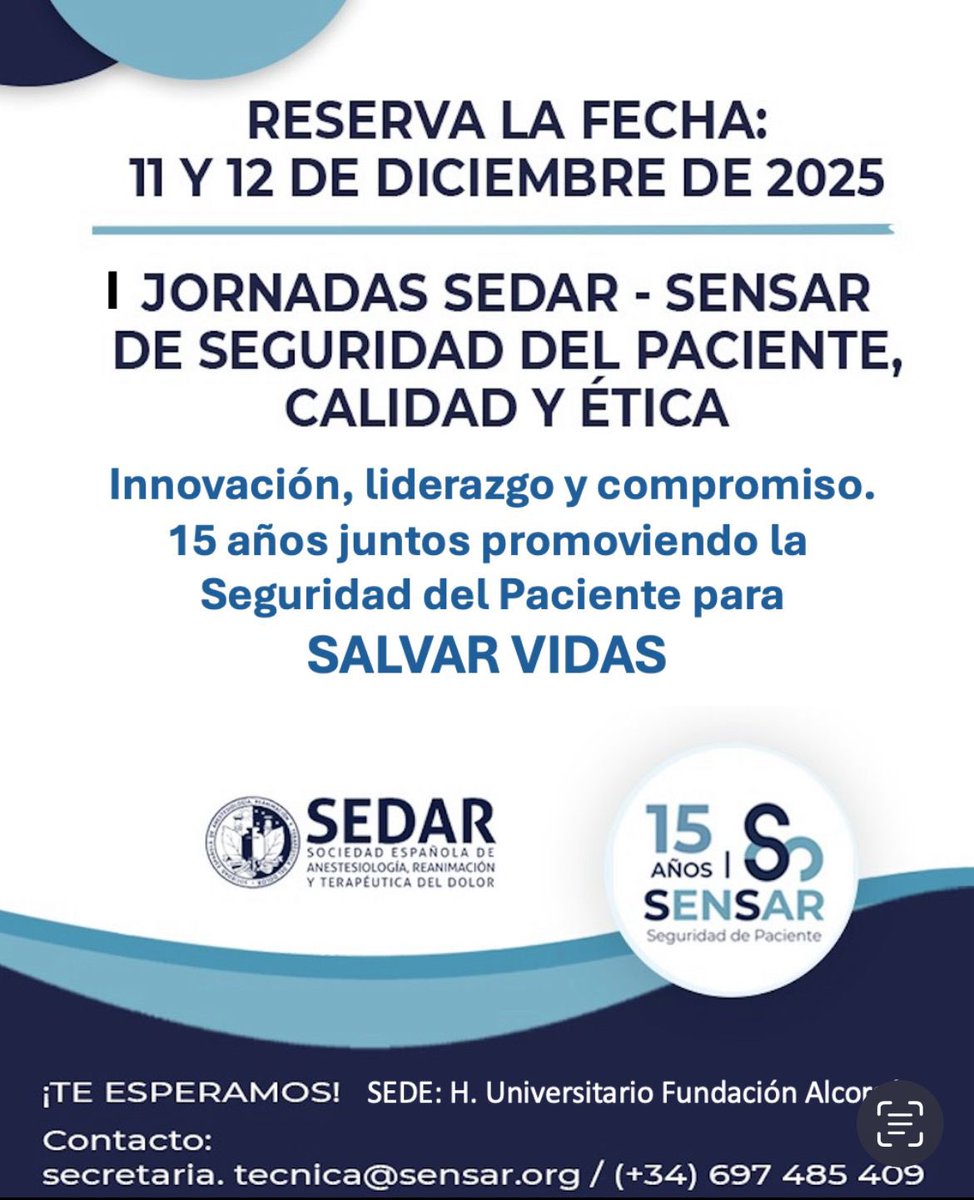 🎯 ¡Reserva la fecha!
📅 11 y 12 de diciembre
📍 Madrid

🔵 I Jornadas SEDAR–SENSAR de Seguridad del Paciente, Calidad y Ética

✨
Unas jornadas dedicadas a la innovación, la calidad asistencial y la seguridad del paciente. 💙

¡No te lo pierdas!