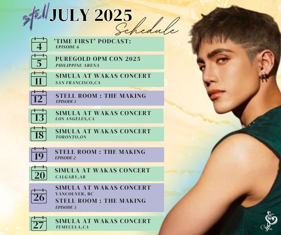 🗓️ STELL JULY 2025 SCHEDULE*

Busy month for our sunshine. Mark your calendars! ⏰🍎🗝️

<a href="/stellajero_/">Stell Ajero</a>
#Stell #SB19_STELL
<a href="/SB19Official/">SB19 Official</a> #SB19