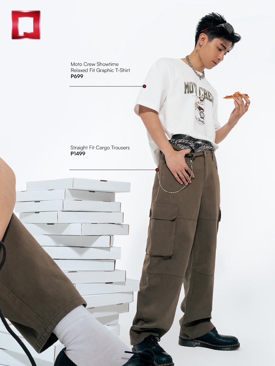 🎯Full style XP. 
 
This is your winning loadout: a Moto Crew Showtime graphic tee + utility cargo trousers = fashion combo critical hit. 
 
Shop the #FullSpeedAhead collection in stores near you or online at 🌐 penshoppe.com, with buy online pick up in store option.