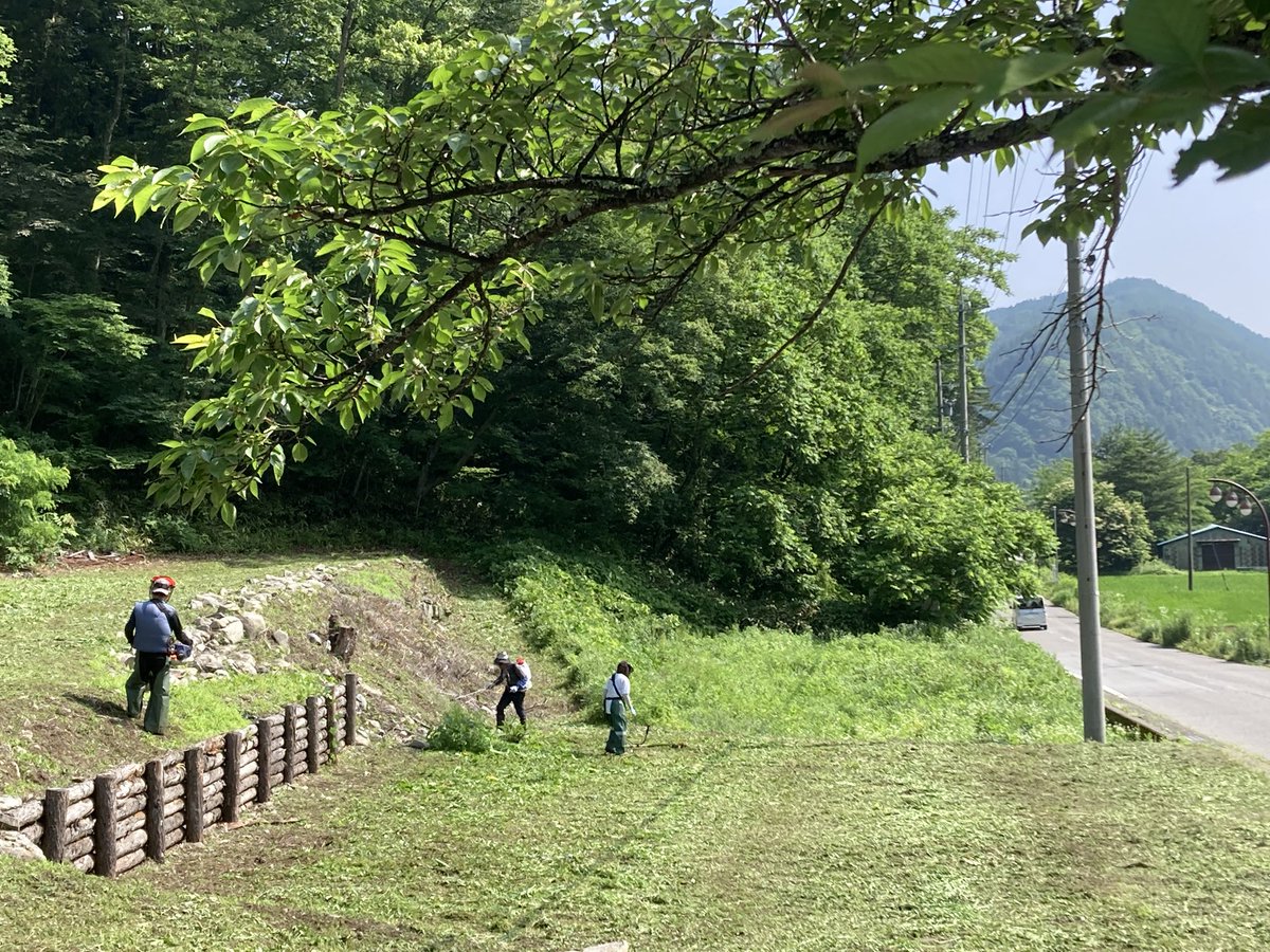 asahivalley's tweet photo. 晴れています☀️雨が降ったりし、草もぐんぐんと伸びてきました🌱本日は里山オフィスの草刈り作業を行いました。少しずつ綺麗になっていく姿は最高です😊

#野俣沢林間キャンプ場
#小型ドローン
 #DJIAction5pro
#あさひプライムスキ場ー
 #朝日村
 #コテージ
#里山オフィス https://t.co/2kwoPjQE2r