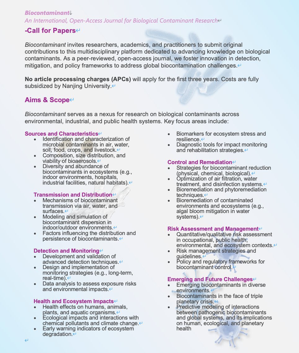 We are thrilled to announce the launch of Biocontaminant, a peer review and OA journal that aims at fundamental and applied research on biological contaminants across diverse environments and systems. APC will be waived for the following 3 years. 

maxapress.com/biocontam