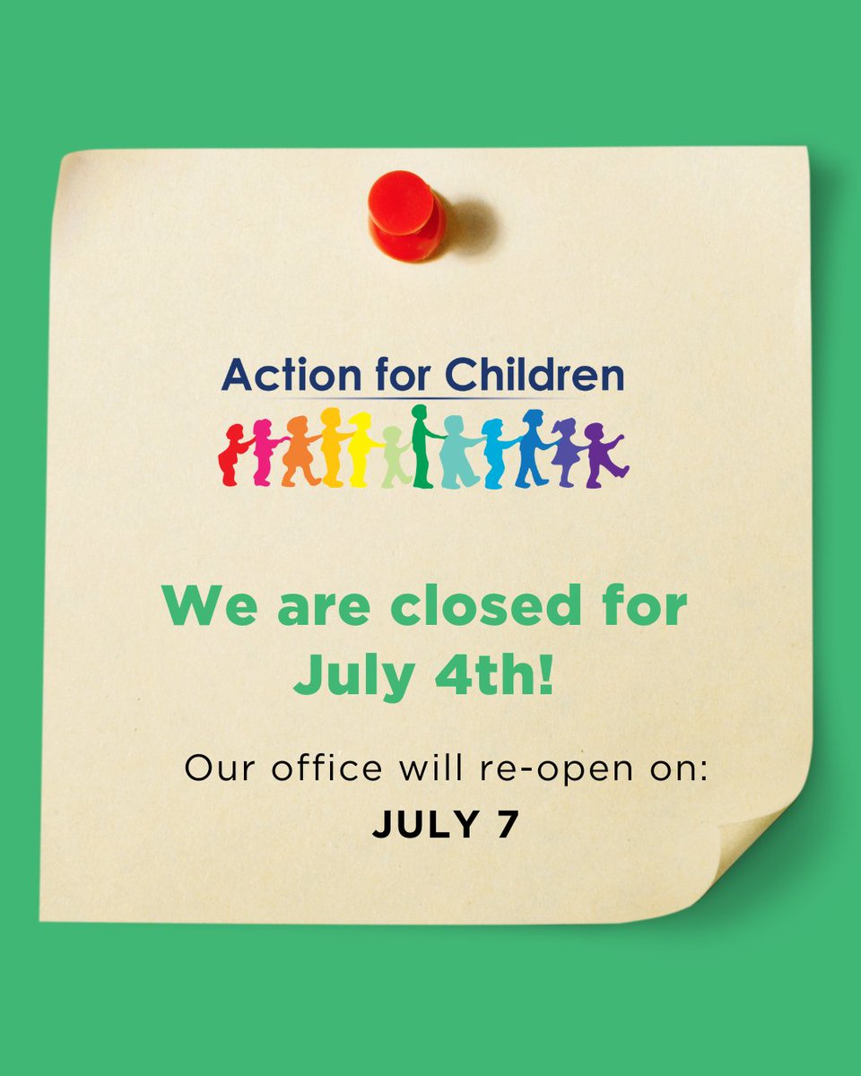 Act4Kidz's tweet photo. Action for Children is closed today for the July 4th holiday. Have a happy and safe weekend! https://t.co/jU3RvkBuWN