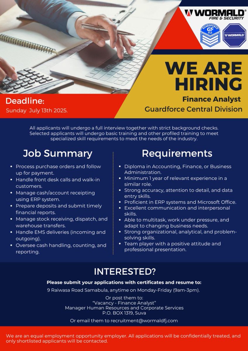 wormaldfiji's tweet image. We&apos;re Hiring Finance Analyst! 

📍Location: Suva

Join our team and apply today ✈️

#WormaldFireAndSecurity #FinanceAnalyst #FinanceJobs #JoinOurTeam