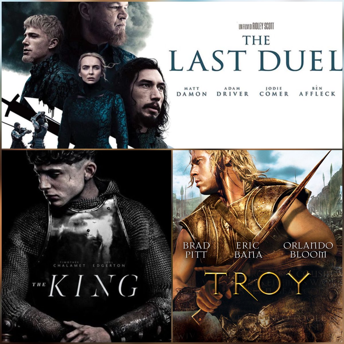 Filmes que considero Masterpieces

Kings and Warriors Collection 
⭐️⭐️⭐️⭐️⭐️
The Last Duel | IMDb 7.3
The King | IMDb 7.3
Troy | IMDb 7.3