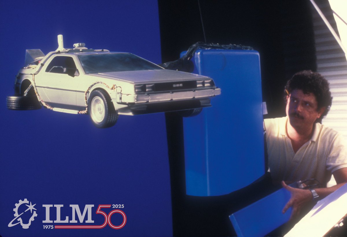ILMVFX's tweet image. 40 years ago, Back to the Future roared into cinemas at 88MPH! Explore some behind-the-scenes selects of the DeLorean time machine miniature built by ILM, featuring camera operator Ray Gilberti, and model makers Ira Keeler and Steve Gawley.