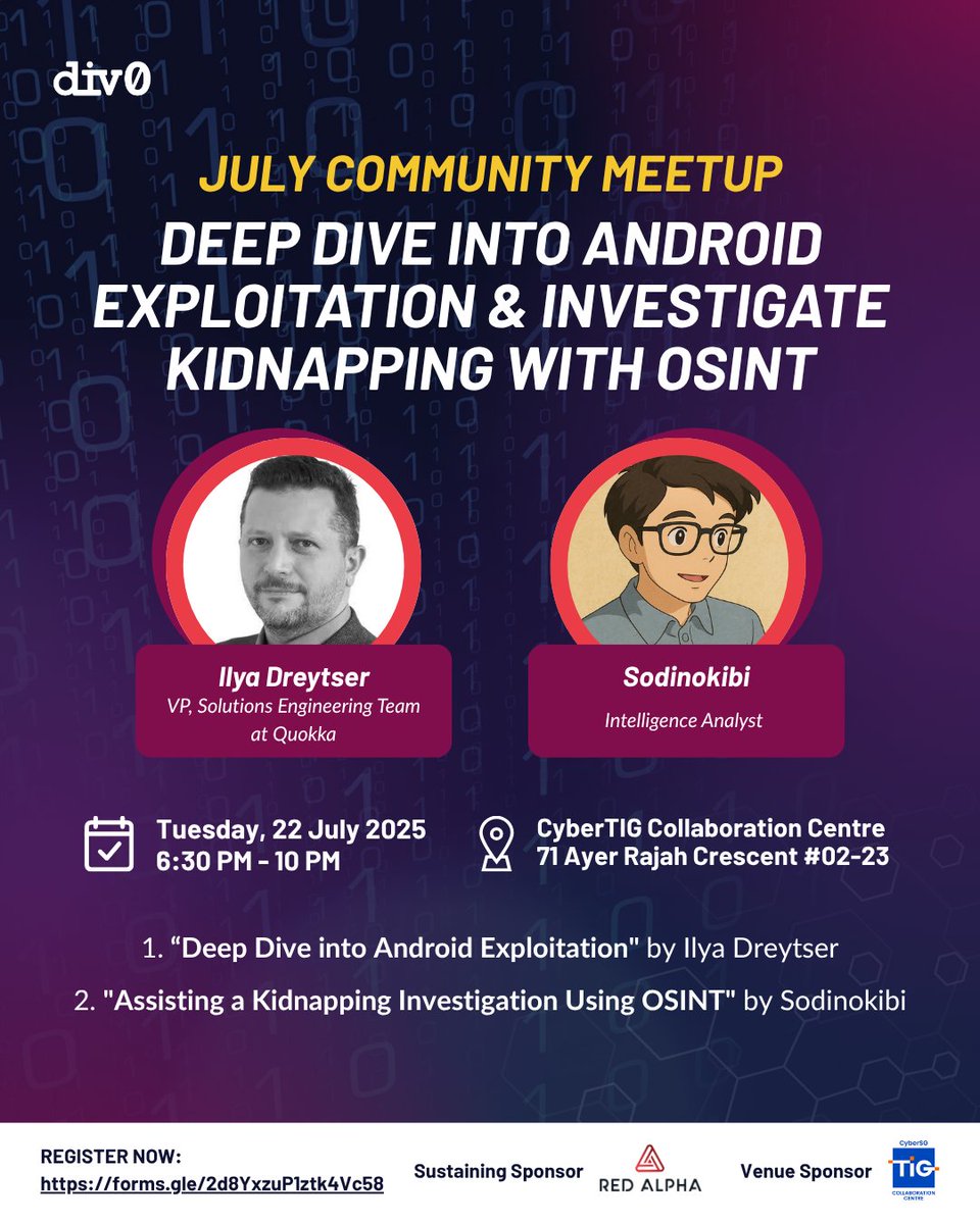 Join our meetup with Ilya Dreytser (VP, Solutions Engineering at Quokka) &amp; Sodinokibi (Intelligence Analyst) as we uncover the secrets of Android exploitation and the power of OSINT in high-stakes investigations! 🔍

Sign up BOTH
meetup.com/div0_sg/events… 
forms.gle/2d8YxzuP1ztk4V…