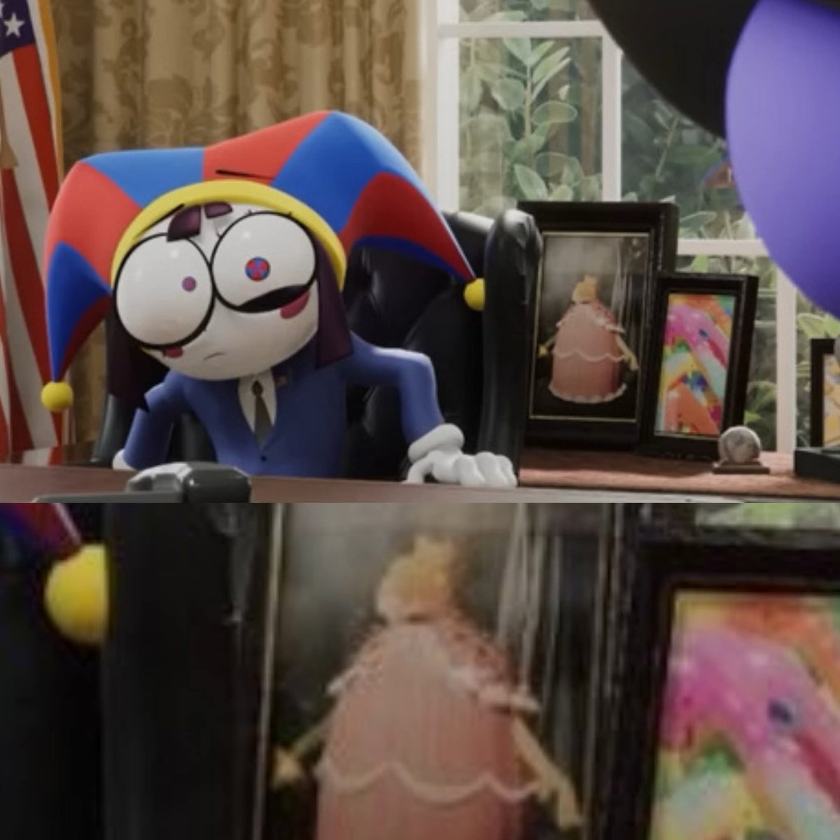 I wonder why Cain put a picture of Gummigoo in a ¿dress? behind Pommi, also T pose #TheAmazingDigitalCircus