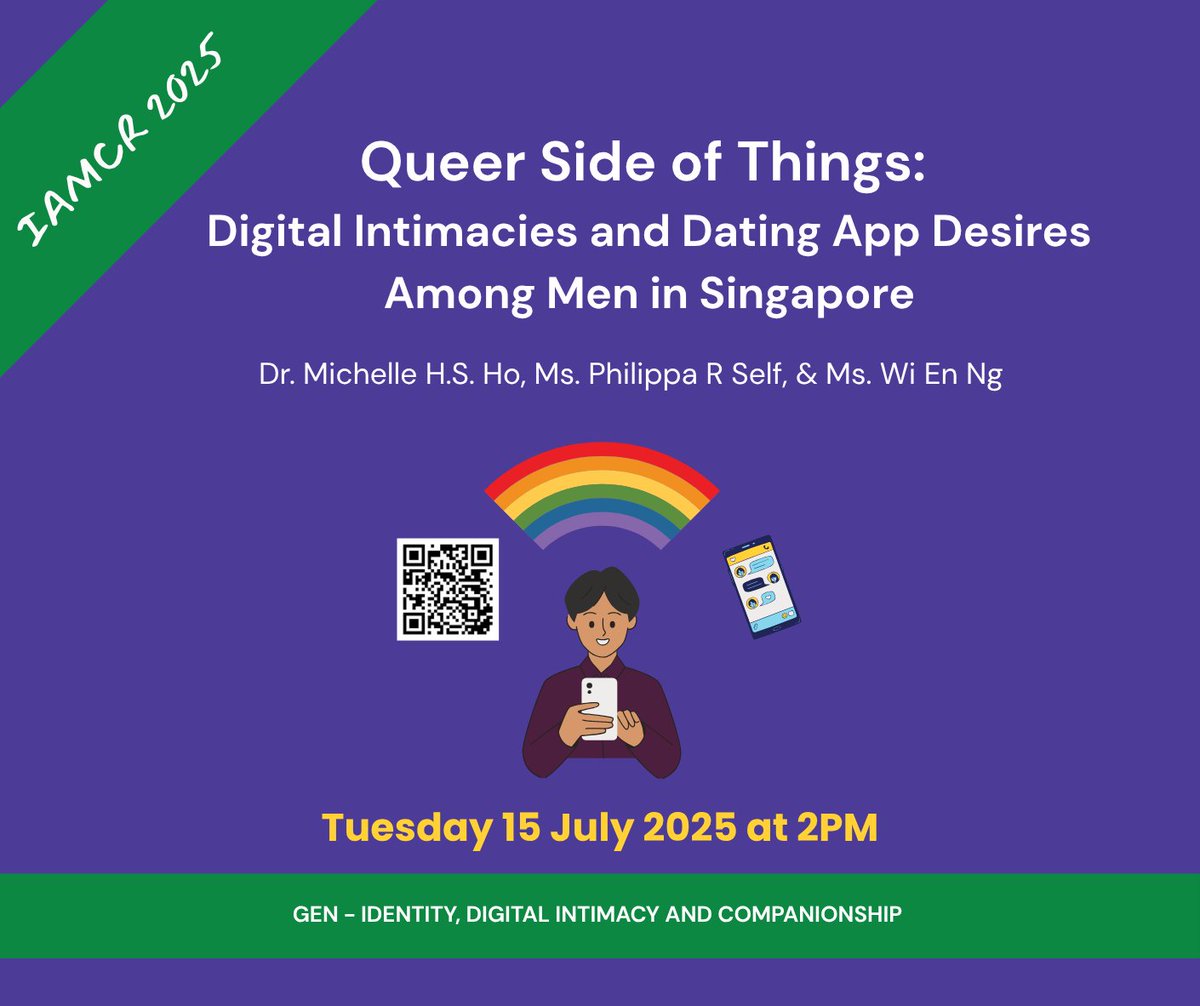 📢 We will be presenting at <a href="/IAMCRtweets/">IAMCR</a> on 15th July at 2pm on the panel Gen - Identity, Digital Intimacy and Companionship.

If you're at the conference, come by to see us and say hi! 

#IAMCR2025 #DigitalIntimacy #DatingApps #LGBTQsingapore