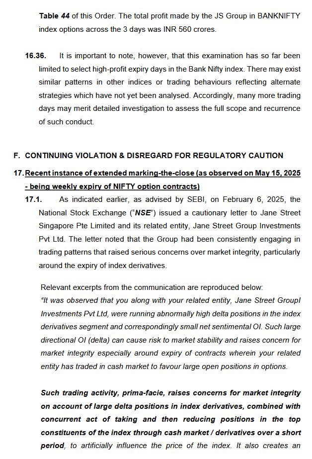 Jane Street's was doing big manipulation.

Aggressively bought large quantity of F&amp;O stocks in cash &amp; futures while also buying Put options. Then, it sold the stocks &amp; sent market crashing &amp; profited from Puts &amp; vice-versa.

SEBI has impounded the illegal gains of ₹4843 Cr &amp;