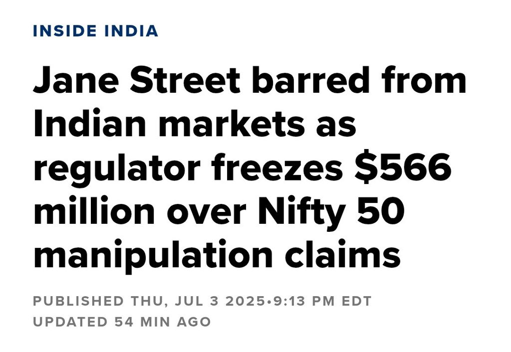Short Impact on market infrastructure today due to SEBI banning Jane street.

 But right move for saving retail investors against big manipulation.

#StockMarketIndia