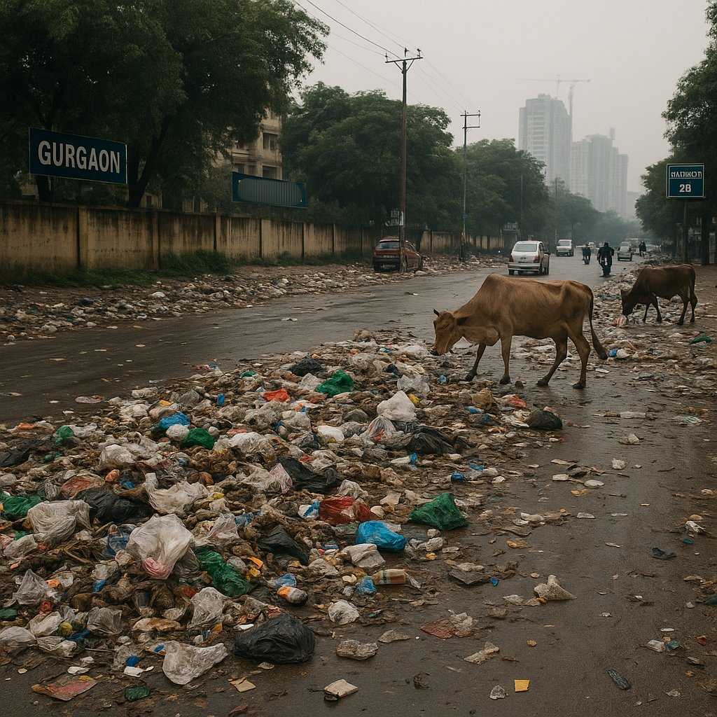AnshuBh25367354's tweet photo. The millennium city is sinking—not in water, but in filth.
Everywhere you go, it’s the same sorry sight—piles of garbage lying uncollected on the streets .cattle roaming
I ask where are the civic authorities? What is the MCG doing? 
@DC_Gurugram

 #PMOIndia  #CleanUpGurgaon #mcg https://t.co/joK4x7XG2d