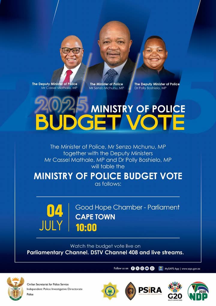 #PoliceMinistry The Ministry of Police is set to table the 2025/2026 Budget Votes for the South African Police Service, Civilian Secretariat for Police Service and the Independent Police Investigative Directorate, outlining priorities for safety and security for the financial