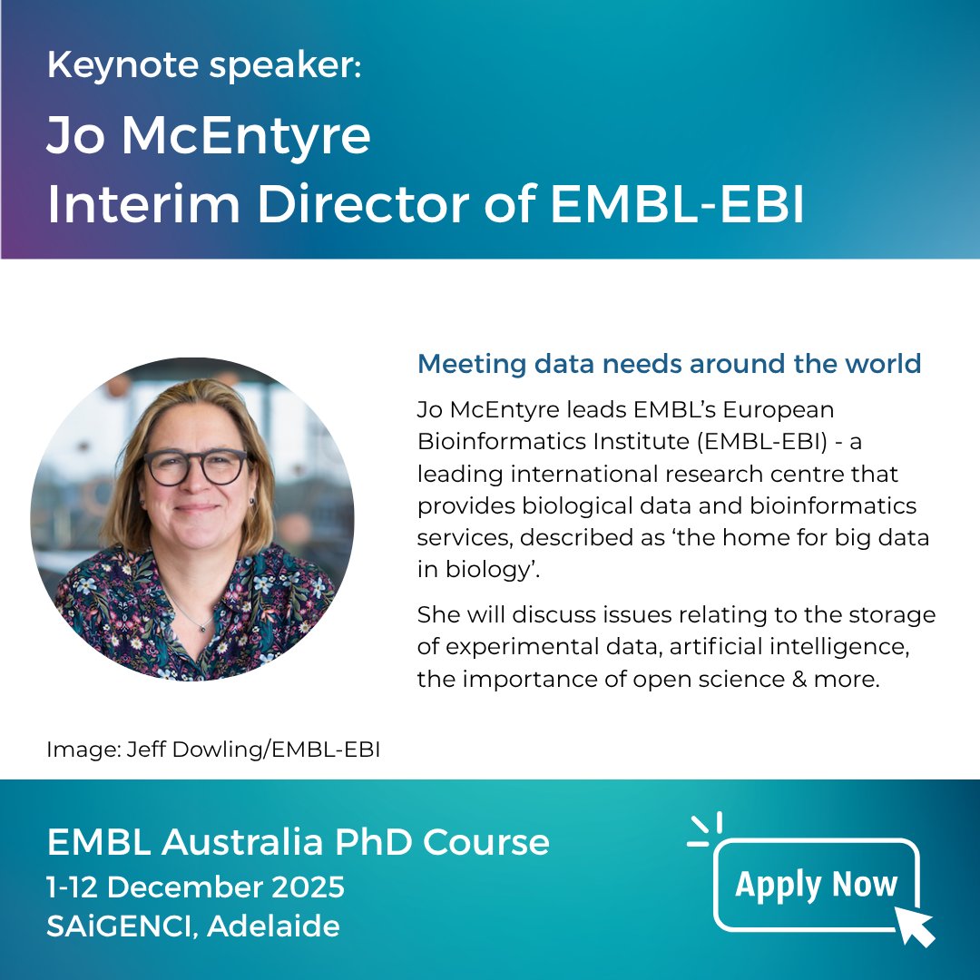 EMBLAustralia's tweet image. We ❤️ big data in biology - and so does @jomcentyre!

The Interim Director of @emblebi is joining the 10th EMBL Australia PhD Course as keynote speaker this December.

Come learn, connect &amp;amp; kickstart your PhD journey.

🔗Apply now: bit.ly/4kljhsO

#PhDLife #PhDchat