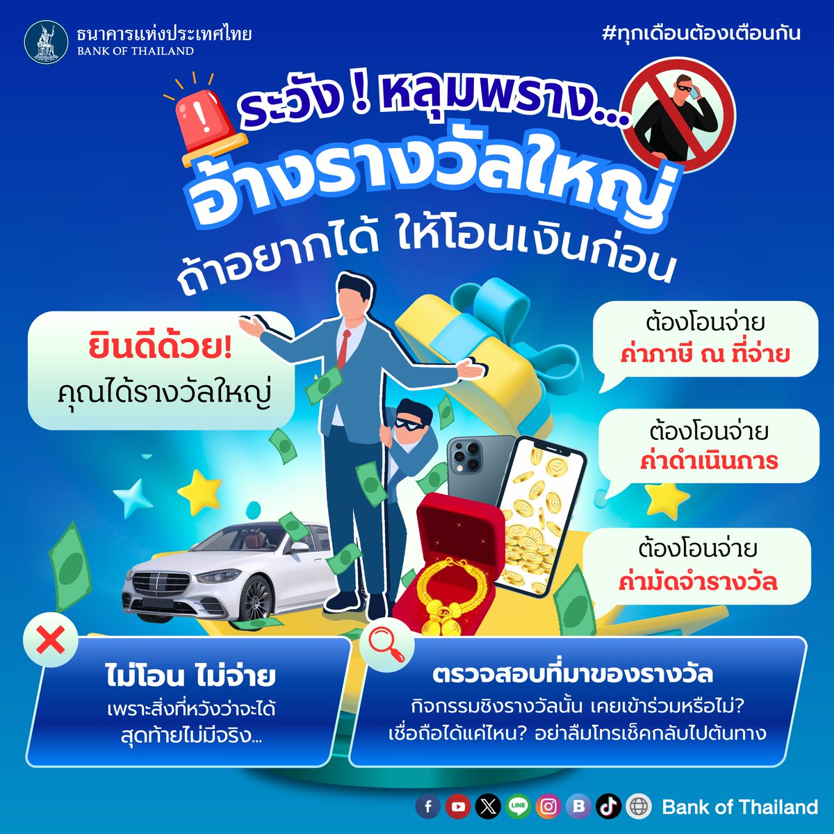 สิ่งของ เงินรางวัลที่จูงใจ ทำสติหลุดได้ไม่ยาก...
ตอนโลภ...ก็มาบอกว่าคุณคือผู้โชคดี
พอตกหลุมพราง หลอกว่าให้ฟรี โอนเงินไป
สุดท้าย...ก็กลายเป็นเหยื่อ 😭
.
เมื่อรู้ว่าตนเองตกเป็นเหยื่อมิจฉาชีพ ☎️ ติดต่อ “สายด่วน AOC 1441” หรือรีบติดต่อ “สายด่วนรับแจ้งเหตุของธนาคาร” ที่มีบัญชี