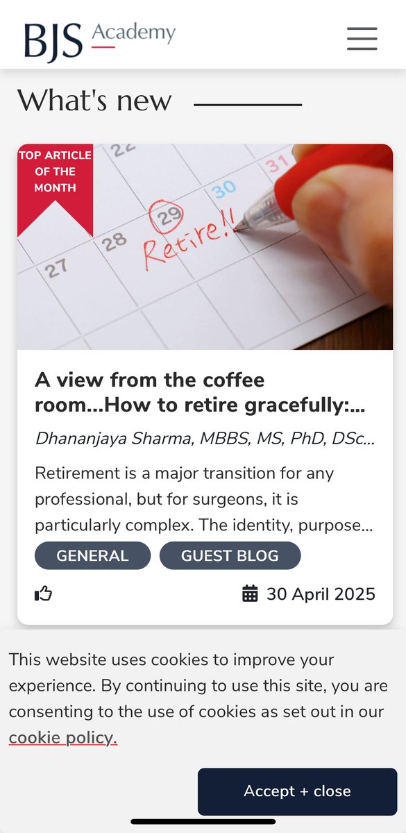 Professor Dhananjaya Sharma (@dhananjayasha19) on Twitter photo I'm heartened ❤️🙏 that this reflection resonated with so many at <a href="/BJSAcademy/">BJS Academy</a>
Retirement is a seismic shift, a moment of pride, poignancy, and pause as surgeons hang up the scalpel
<a href="/JJEarnshaw/">Jonothan Earnshaw</a> <a href="/robhinchliffe1/">Robert Hinchliffe</a> <a href="/BjsOpen/">BJS Open</a> <a href="/BJSurgery/">BJS</a>
#SurgicalLife #Retirement #LifeAfterSurgery 👨 I'm heartened ❤️🙏 that this reflection resonated with so many at <a href="/BJSAcademy/">BJS Academy</a>
Retirement is a seismic shift, a moment of pride, poignancy, and pause as surgeons hang up the scalpel
<a href="/JJEarnshaw/">Jonothan Earnshaw</a> <a href="/robhinchliffe1/">Robert Hinchliffe</a> <a href="/BjsOpen/">BJS Open</a> <a href="/BJSurgery/">BJS</a>
#SurgicalLife #Retirement #LifeAfterSurgery 👨