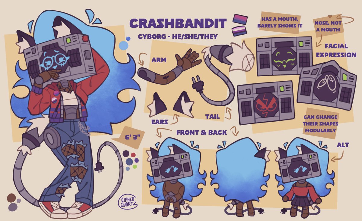 Crashbandit03's tweet image. Been meaning to post this for a bit — i&apos;m genderfluid now lol

Check the bio for a couple updates too 👀

Anyway, here&apos;s my new sona :]

Hope you like me like this. Just more me now yknow lol
Open to draw - I know I&apos;ll make anims lol

Oh art by @_cipherquartz_