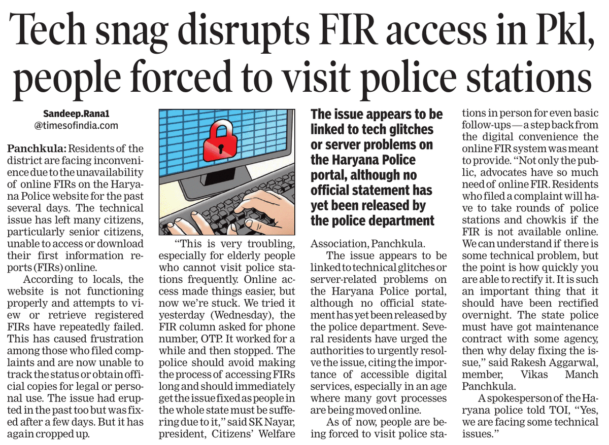 Sandeep Rana संदीप राणा (@sandeepranachd) on Twitter photo Tech snag disrupts #FIR access in #Haryana, people forced to visit police stations
<a href="/police_haryana/">Haryana Police</a>
<a href="/CP_PANCHKULA/">Commissionerate of Panchkula</a>
#Panchkula
timesofindia.indiatimes.com/city/chandigar… Tech snag disrupts #FIR access in #Haryana, people forced to visit police stations
<a href="/police_haryana/">Haryana Police</a>
<a href="/CP_PANCHKULA/">Commissionerate of Panchkula</a>
#Panchkula
timesofindia.indiatimes.com/city/chandigar…