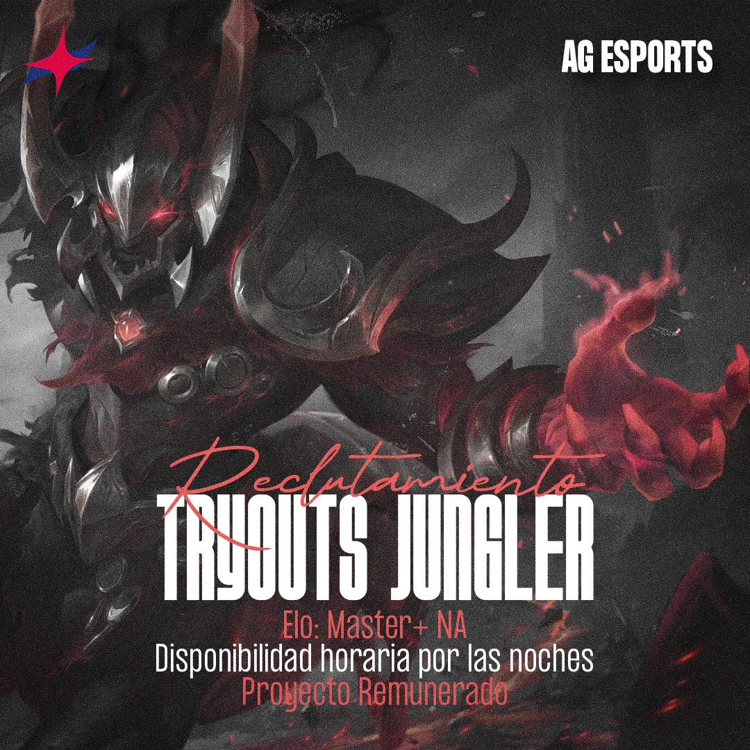 ¡𝘽𝙪𝙨𝙘𝙖𝙢𝙤𝙨 𝙅𝙪𝙣𝙜𝙡𝙖!

⏰Disponibilidad Horaria
🏆Elo Deseado Master+ NA
💸Remunerado 🤑🤑🤑

Haremos el tryouts a partir de la siguiente semana.
📩¿Estás interesado? Mandanos DM por X o por discord: mon_caesar / huasodu.

RT y difusión se agradece <3