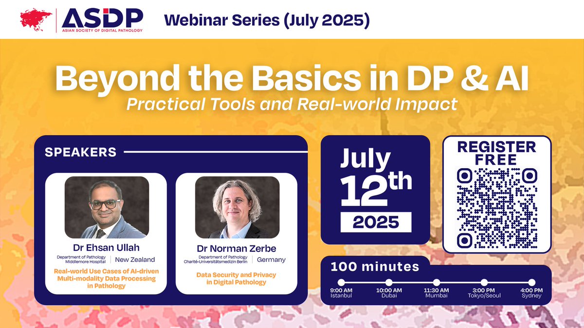 👨‍🏫 Learn from the Speakers at ASDP’s Upcoming Webinar!

💡 “Real-world Use Cases of AI-driven Multi-modality Data Processing in Pathology” by Dr. Ehsan Ullah (New Zealand)
💡 “Data Security and Privacy in Digital Pathology” by Dr. Norman Zerbe (Germany)

#ASDP #ASDPWebinarSeries