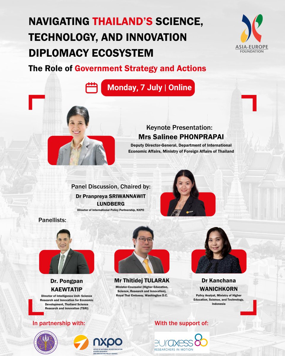 On Monday, 7 July, we are excited to be organising the first session of the series on ‘Navigating Thailand’s Science, Technology, and Innovation Diplomacy Ecosystem’!⚛️Learn more and register here: hubs.ly/Q03vT5Hp0 
#ASEF #ASEFEdu #ScienceDiplomacy