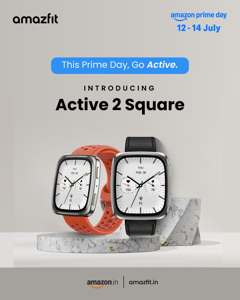 AmazfitIN's tweet photo. It’s time to Go Active this Prime Day!
Introducing the all-new Amazfit Active 2 Square — crafted for style, loaded with smarts, and ready to power every move.
#Active2Square #GoActiveThisPrimeDay #AmazfitLaunch https://t.co/d32HywEQIh