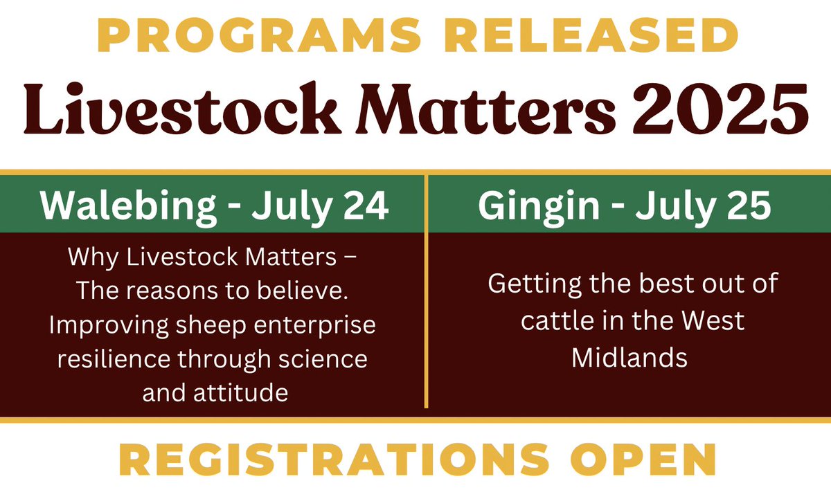 WALRC1's tweet image. 3 weeks to go until Livestock Matters kicks off and we&apos;re getting excited! The programs are up and registrations are open. Be sure to check out both programs and hopefully we&apos;ll see you at one, or both, of these great events! walrc.com.au/events/