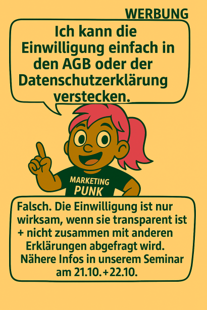 🔒 𝐑𝐞𝐜𝐡𝐭𝐬𝐬𝐢𝐜𝐡𝐞𝐫 𝐰𝐞𝐫𝐛𝐞𝐧 – 𝐬𝐨 𝐠𝐞𝐡𝐭’𝐬!
Unser Seminar „Werbeeinwilligungen nach DSGVO &amp; UWG“ zeigt, was erlaubt ist – und was nicht.
📅 21.10. + 22.10. ℹ️ Alle Infos &amp; Anmeldung: Dr-Bahr.com/seminar/