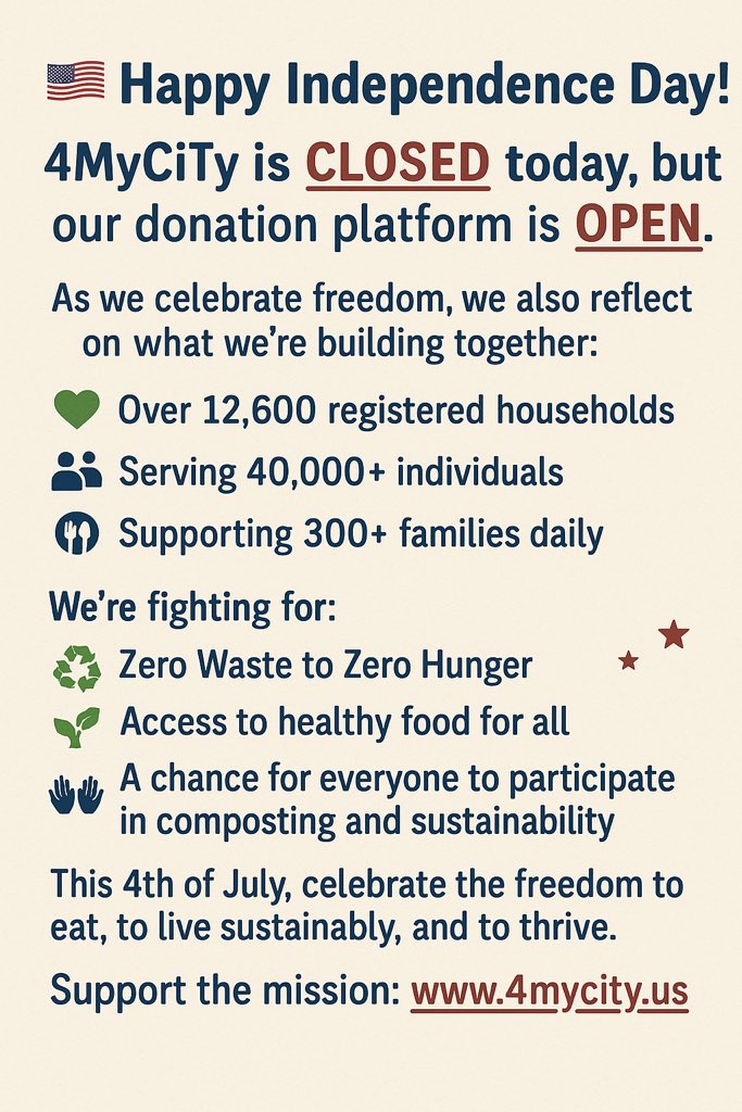 4MyCiTy Inc (@4mycity2) on Twitter photo 🇺🇸 Happy Independence Day!
4MyCiTy is CLOSED today, but our donation platform is OPEN.
As we celebrate freedom, we also reflect on what we’re building together:
đź’š Over 12,600 registered households
👨‍👩‍👧‍👦 Serving 40,000+ individuals
🍽️ Supporting 300+ families daily
We’re fighting 🇺🇸 Happy Independence Day!
4MyCiTy is CLOSED today, but our donation platform is OPEN.
As we celebrate freedom, we also reflect on what we’re building together:
đź’š Over 12,600 registered households
👨‍👩‍👧‍👦 Serving 40,000+ individuals
🍽️ Supporting 300+ families daily
We’re fighting