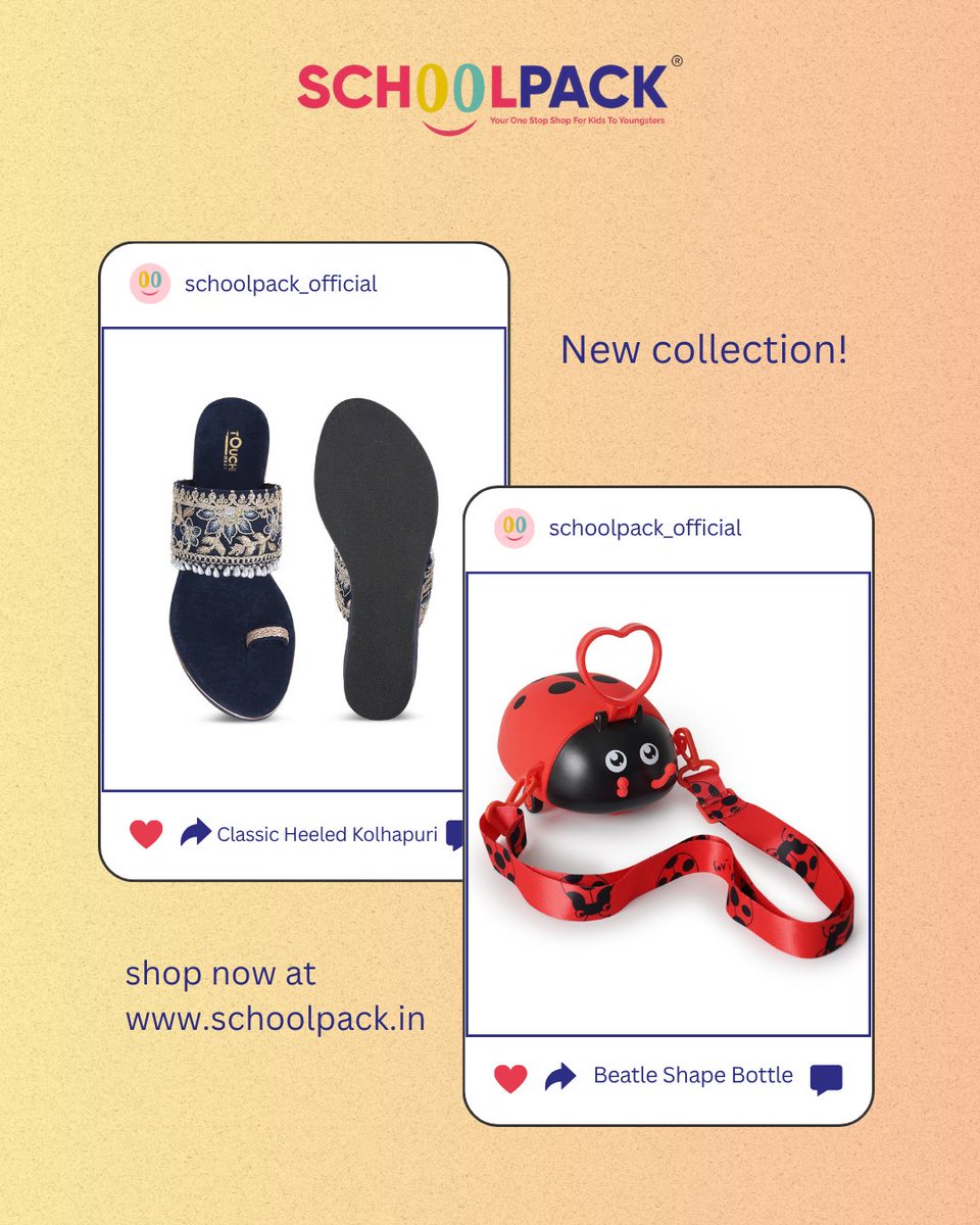 Schoolpack01's tweet photo. 🆕✨ New Collection Alert!
From trendy Classic Heeled Kolhapuri to adorable Beetle Shape Bottles – we’ve got something for everyone!
Upgrade your kids’ style and essentials in one click. 💖👟🍼
🛒 Shop now at https://t.co/zrUIN2H5VP
#NewLaunch #SchoolpackStyle #KolhapuriVibes https://t.co/kzXZWbSxgr