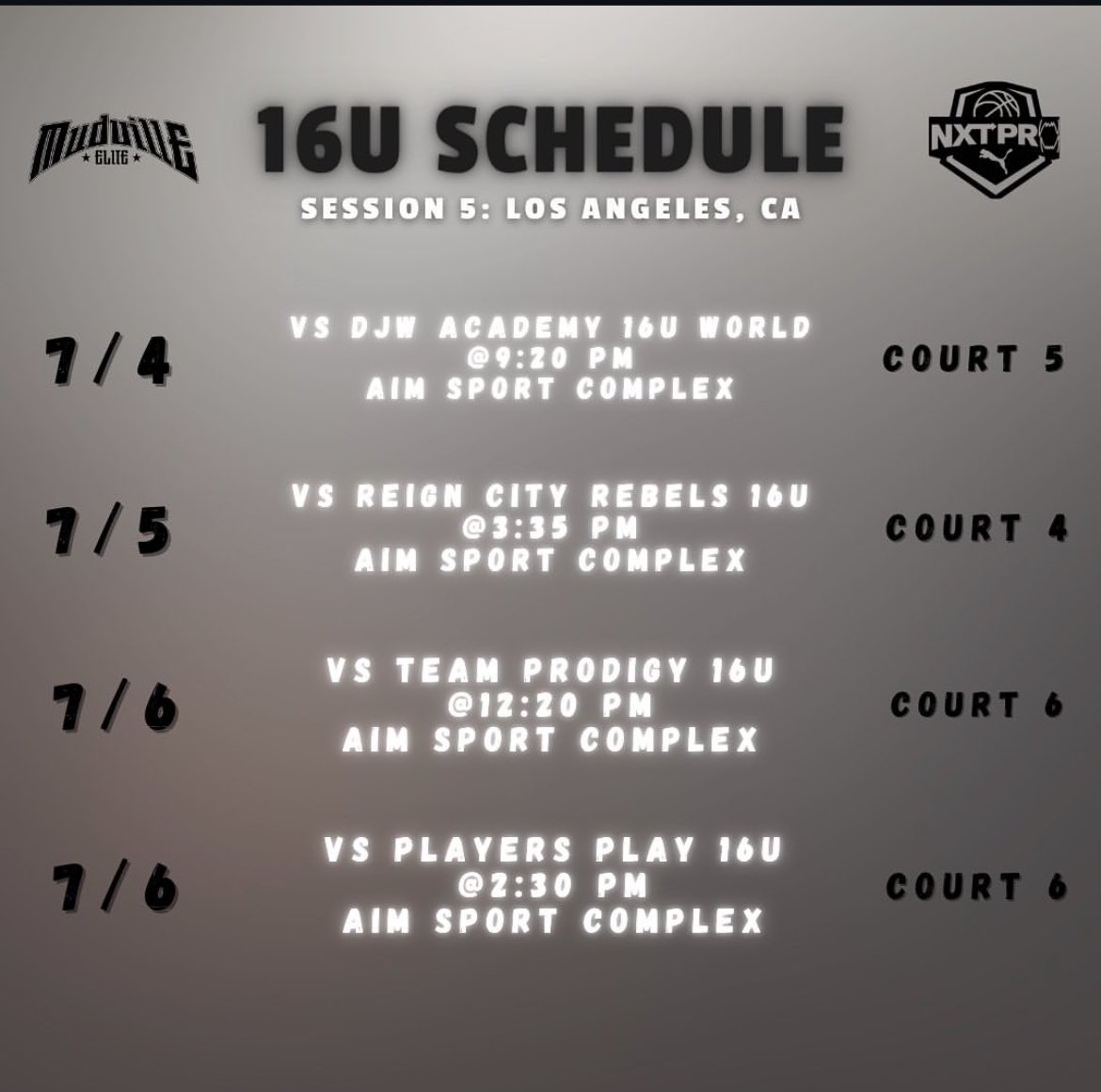 My Puma Pro16 circuit July 4-6 
<a href="/MudvilleElite/">Mudville Elite Basketball</a> <a href="/NxtProHoops/">NXTPRO Hoops</a> <a href="/PRO16League/">PRO16/NXTPRO League</a> <a href="/charliegambill1/">Charlie Gambill</a> <a href="/willkeller19/">Will Keller</a> @Cody_NXTPRO16
<a href="/Ben_Dennett/">BenDennettHoopsViews</a> <a href="/Corey_156/">Corey Musil</a>