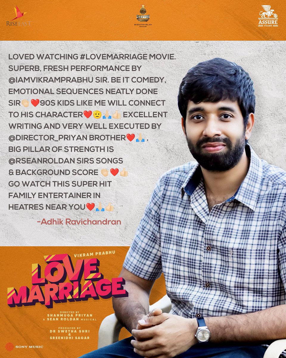 Assure Films (@assurefilms) on Twitter photo Thank you so much for the lovely words <a href="/Adhikravi/">Adhik Ravichandran</a> 🤗❤️
Glad to know you enjoyed & connected with #LoveMarriage ✨ Thank you so much for the lovely words <a href="/Adhikravi/">Adhik Ravichandran</a> 🤗❤️
Glad to know you enjoyed & connected with #LoveMarriage ✨
