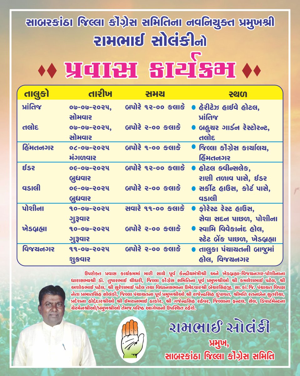 Ramabhaisolanki's tweet photo. Sabar સાબર કાઠા જિલ્લા મા કોંગ્રેસ પક્ષ ને મજબૂત બનાવવા તમામ તાલુકા ઓ મા વરિષ્ઠ આગેવાન શ્રી ઓ સાથે  મારો પ્રવાસ કાર્યક્રમ https://t.co/AcgwZ7M3qQ