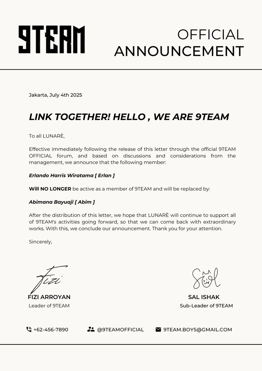 ㅤ 
                            [ PRESS RELEASE ]

Following the official release of this letter, we urge the public and all LUNARÈ to continue supporting 9TEAM's activities in the future.
 ㅤ