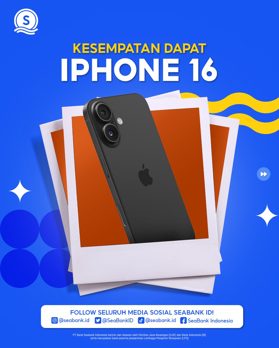 SeaBankID's tweet photo. GIVEAWAY IPHONE 16 DARI MINSEA!

Lagi-lagi MinSea dateng buat kasih kamu kesempatan untuk menangin iPhone 16 nih! Yuk, yang kali ini kamu gak boleh ketinggalan yaa, harus dapet pokoknyaa! Yuk komen "SeaBank" dan follow semua media sosial SeaBank sekarang! https://t.co/GIzcSOVwHl