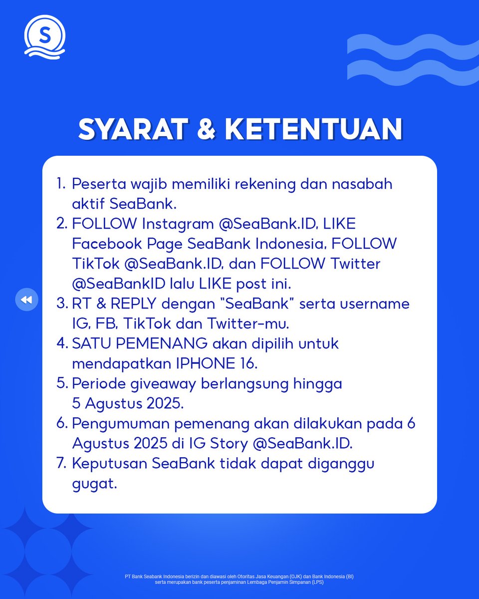 GIVEAWAY IPHONE 16 DARI MINSEA!

Lagi-lagi MinSea dateng buat kasih kamu kesempatan untuk menangin iPhone 16 nih! Yuk, yang kali ini kamu gak boleh ketinggalan yaa, harus dapet pokoknyaa! Yuk komen "SeaBank" dan follow semua media sosial SeaBank sekarang!