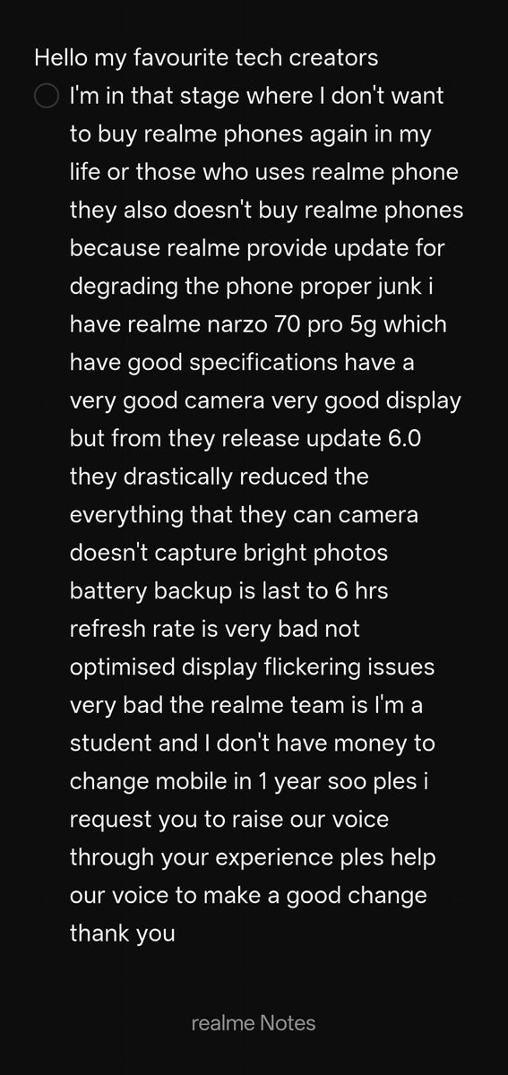 Vishwaroop_thak's tweet photo. I hope you help all the realme users i beg from you to raise our voice ples 🙏 @GyanTherapy @AmreliaRuhez @TechyMehta @TechnicalGuruji @ManojSaru @TrakinTech @tech_burner @realmenarzoIN @realmeIndia @beebomco @pratimaadhikary https://t.co/aGtbw69doR