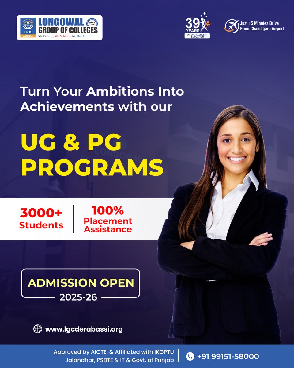 lgcderabassi's tweet image. 🎓 Turn Your Ambitions Into Achievements at Longowal Group of Colleges 🌟

✨ Explore our top-notch UG &amp;amp; PG Programs for 2025–26 and take the first step toward a successful future! 🚀

🌐 lgcderabassi.org
📞 +91 99151-58000
.
.
#LGC #UGPGPrograms #Admissions2025 #College
