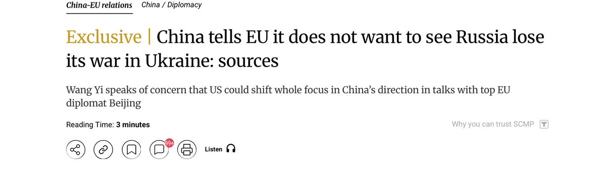 While NATO nations play make believe with definitions about "victory" and "not losing", China makes it clear - they want Russia to win. 

NATO nations know very well that not pursuing Russian defeat means Russia "not losing" which means Russian victory.