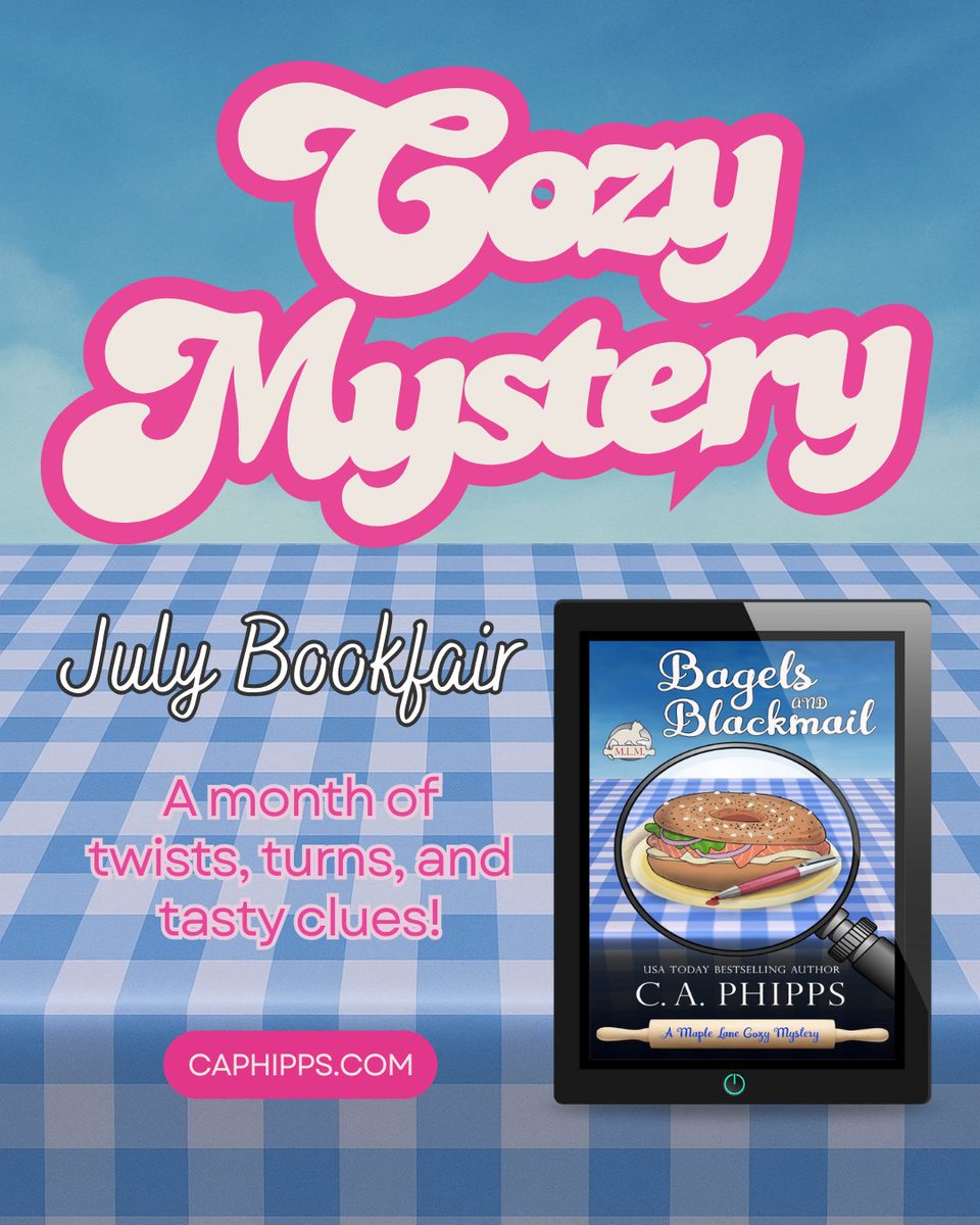Cozy up with a mystery this July!
Shady suspects, tasty clues, and page-turning fun await at the Cozy Mystery July Bookfair! 🍩

🔍Start sleuthing with Bagels and Blackmail by C.A. Phipps + more!
books.bookfunnel.com/bfhostcozyslju…