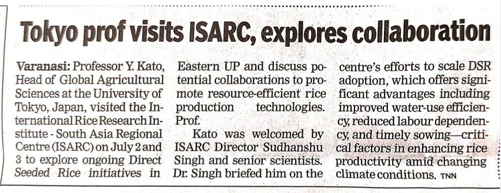 IRRI South Asia Regional Centre (ISARC) (@isarcofficial) on Twitter photo Prof. Y. Kato, Head of Global Agri Sciences <a href="/UTokyo_News_en/">UTokyo | 東京大学</a> visited ISARC to see Eastern UP’s #DSR revolution.
He met farmers, toured fields in Paniyara & Chandauli, and discussed with scientists how DSR can save water, labour & ensure timely sowing. 🌾
<a href="/Sudhanshu_IRRI/">Sudhanshu Singh</a> <a href="/UPGovt/">Government of UP</a> Prof. Y. Kato, Head of Global Agri Sciences <a href="/UTokyo_News_en/">UTokyo | 東京大学</a> visited ISARC to see Eastern UP’s #DSR revolution.
He met farmers, toured fields in Paniyara & Chandauli, and discussed with scientists how DSR can save water, labour & ensure timely sowing. 🌾
<a href="/Sudhanshu_IRRI/">Sudhanshu Singh</a> <a href="/UPGovt/">Government of UP</a>