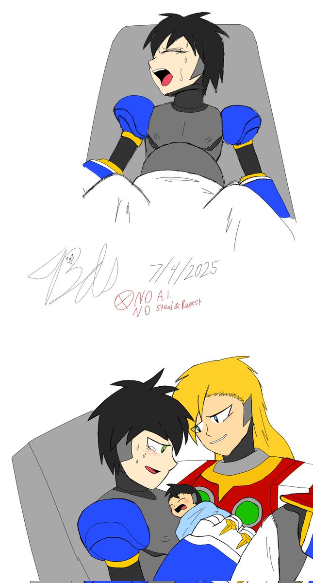 BubbieDoggo's tweet photo. #megamanx #mpreg #malepregnancy #zerox 
(note: birth scene is NOT graphic)
Their kid's name is Radar. 
Also, my concept headcanon on Reploid babies, is that they are naturally born with half of their limbs that do need arm and foot parts. https://t.co/wagdu5u2Ij