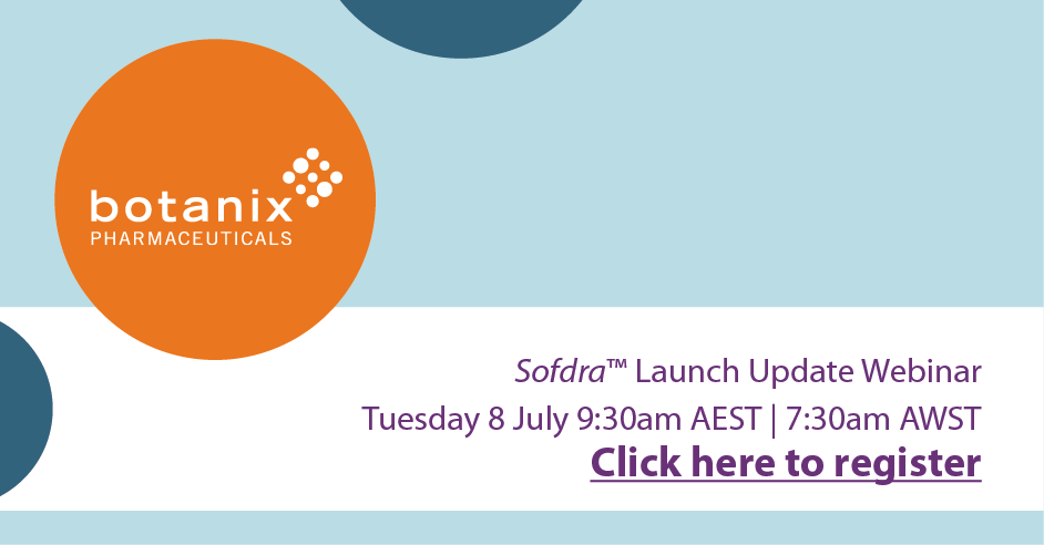 REGISTER NOW | Join our team for a Sofdra™ Launch Update Webinar on Tuesday 8 July 9:30am AEST / 7:30am AWST for a look at the strong initial performance of Sofdra. Click to pre-register: bit.ly/BOT-Sofdra-Lau…. $BOT #ASX #dermatology  #pharma #innovation #hyperhidrosis #launch