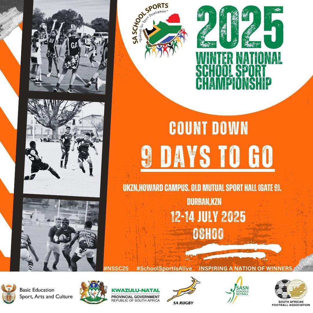 ๐ฟ๐ฆ #KZNSportsArts&Culture (@sportartskzn) on Twitter photo Sekunjalo! Only 9 days to go until the 2025 Winter National School Sport Championship kicks off at the <a href="/UKZN/">University of KZN</a>, Howard College Campus in Durban! Join us from July 12-14, 2025, for school sports and inspire a nation of winners! #NSSC25 #SchoolSportIsAlive #InspiringANationOfWinners Sekunjalo! Only 9 days to go until the 2025 Winter National School Sport Championship kicks off at the <a href="/UKZN/">University of KZN</a>, Howard College Campus in Durban! Join us from July 12-14, 2025, for school sports and inspire a nation of winners! #NSSC25 #SchoolSportIsAlive #InspiringANationOfWinners