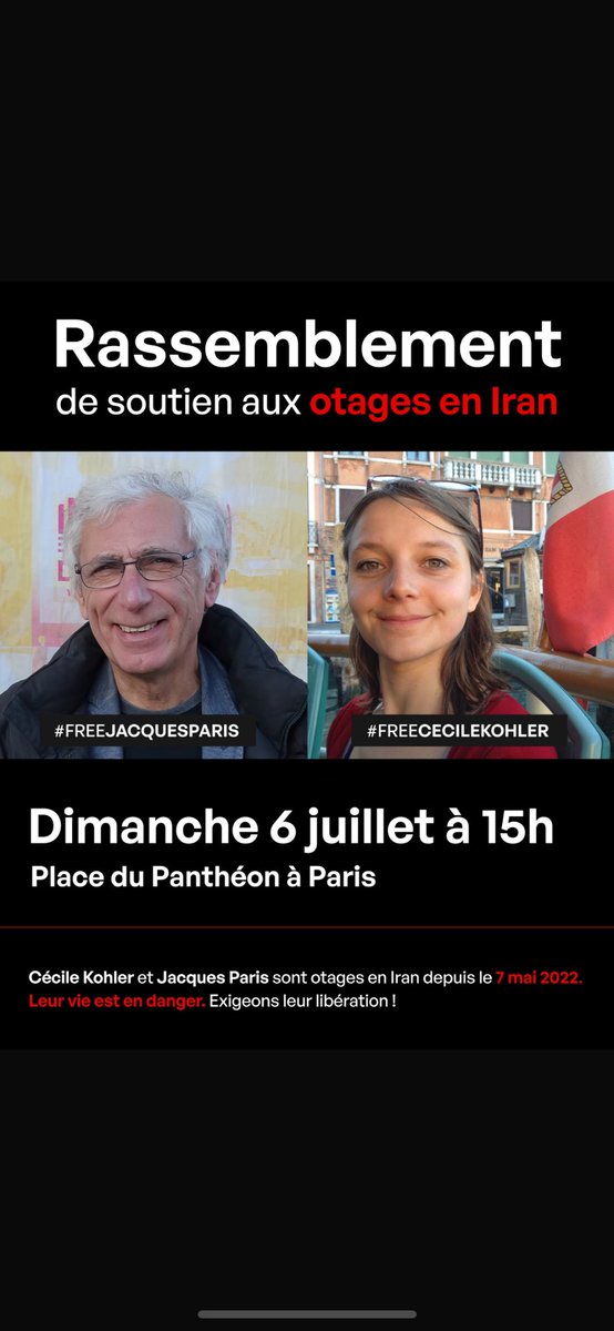 Nous serons ce dimanche 6 juillet, à 15h, place du Panthéon, à Paris. Nous dirons : 

Non au chantage à la peine de mort. 

À l’état ravisseur : honte à vous qui rançonnez des vies humaines. 

À notre état protecteur : ramenez les nous, vite, sains et saufs. 

Soyons nombreuses