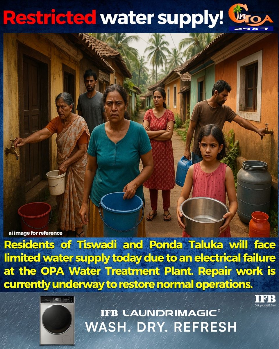 InGoa24x7's tweet photo. Residents of Tiswadi and Ponda Taluka will face limited water supply today due to an electrical failure at the OPA Water Treatment Plant. Repair work is currently underway to restore normal operations.
#goa #goanews #limitedwatersupply #electricalfailure #waterplant https://t.co/xhjplSwc0l
