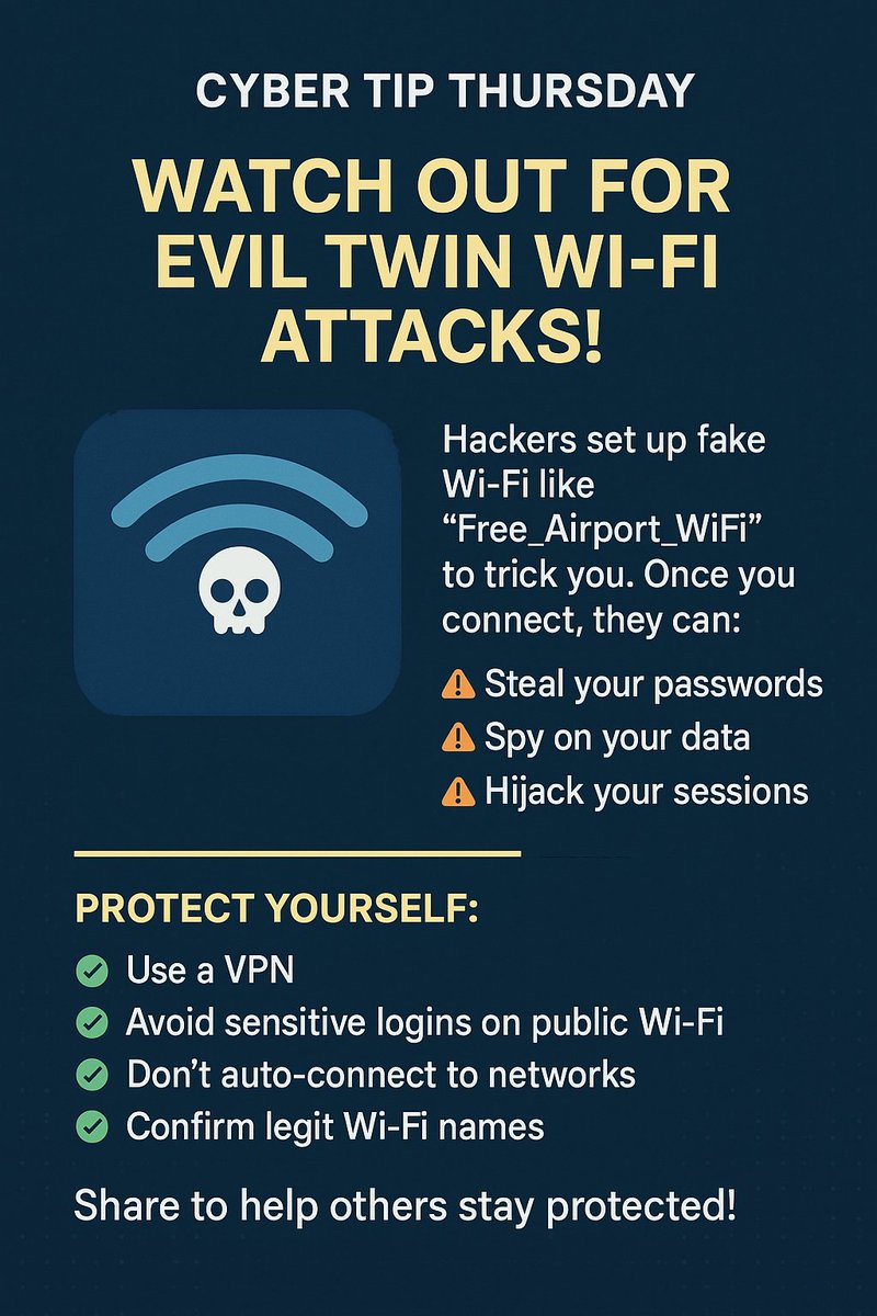 anonymode1's tweet image. 🚨 Cyber Tip Thursday
Beware of Evil Twin Wi-Fi 🧠
Fake hotspots like “Free_Airport_WiFi” can steal your data!

🛡 Stay safe:
– Use VPN
– Don’t auto-connect
– Confirm Wi-Fi names

#CyberSecurity #Anonysec #HackAware #WiFiHack