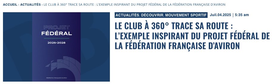 Patrick Bayeux / Décideurs du sport (@patrickbayeux) on Twitter photo Le club à 360° trace sa route : l’exemple inspirant du projet fédéral de la <a href="/FFAviron/">Fédération Française d'Aviron</a> Fédération Française d’Aviron
Formulé en novembre 2024 comme une vision du club sportif de demain, le concept de club à 360° franchit une étape importante : il est désormais inscrit noir sur Le club à 360° trace sa route : l’exemple inspirant du projet fédéral de la <a href="/FFAviron/">Fédération Française d'Aviron</a> Fédération Française d’Aviron
Formulé en novembre 2024 comme une vision du club sportif de demain, le concept de club à 360° franchit une étape importante : il est désormais inscrit noir sur
