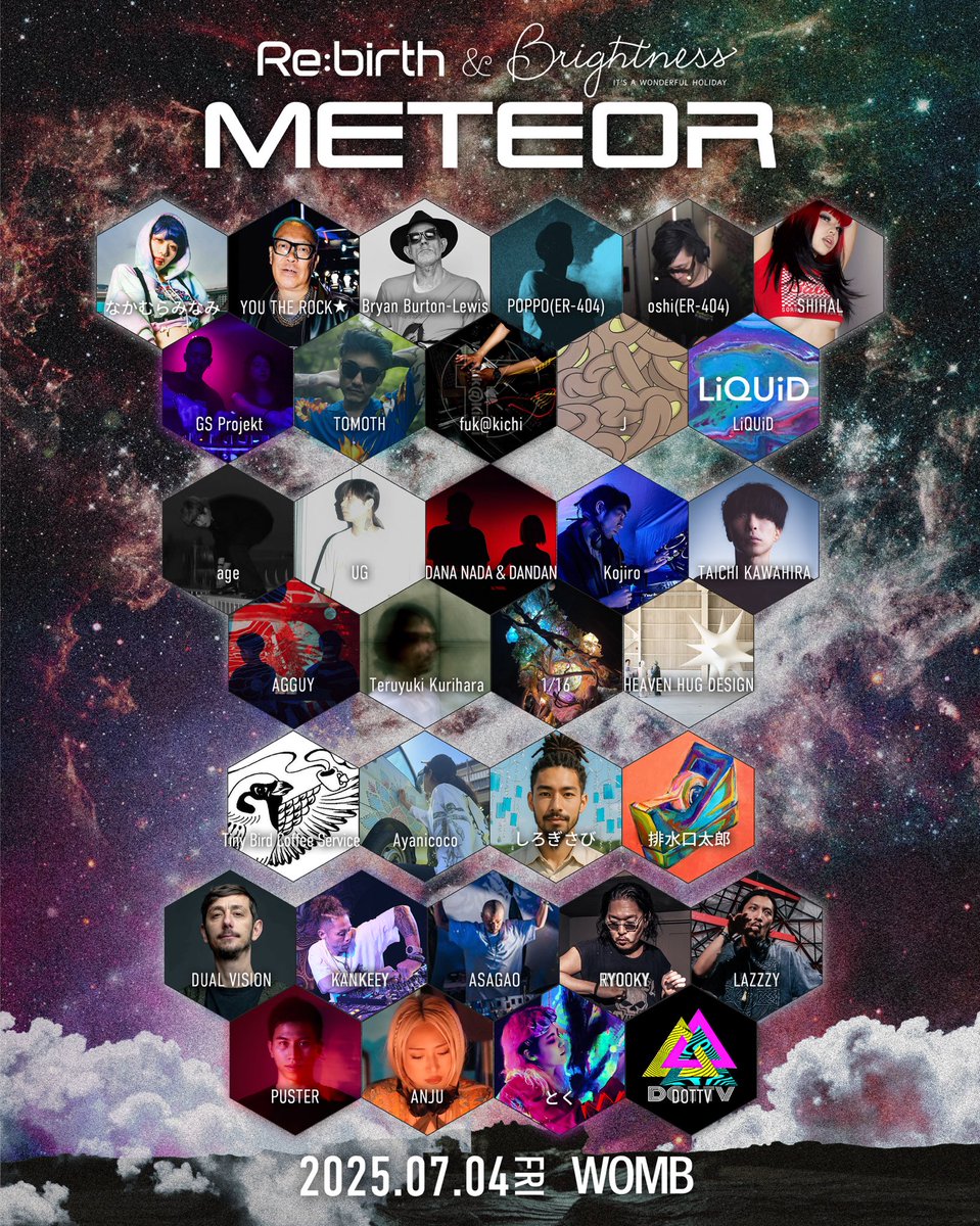 BrightnessTokyo's tweet photo. 【7/4(FRI)METEOR@WOMB】 
METEOR, an outdoor festival @rebirthfes and @BrightnessTokyo teaming up under the theme of “Experience the Universe at the Club,” will be held at @WOMB_Tokyo again this time.
Please come and enjoy the whole day! https://t.co/oOyo8eNahi
