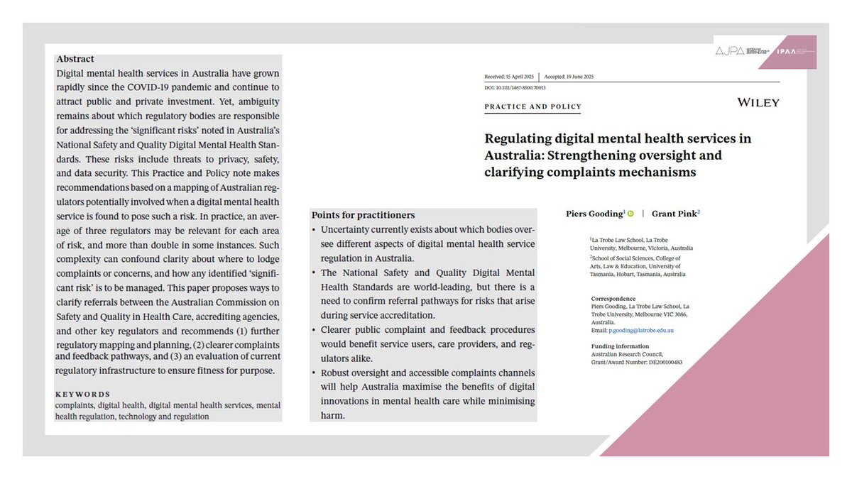 AusJPA's tweet image. ♨️Early View📩
Digital mental health services in 🇦🇺 have grown rapidly, but there is no single regulatory authority dedicated to overseeing all aspects of digital mental health.
@P_Gooding & Grant Pink propose ways to clarify referrals👇
onlinelibrary.wiley.com/doi/pdf/10.111…