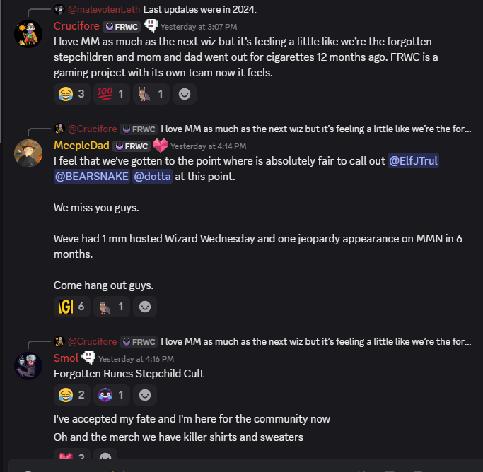 JuanSnow (@juansnow) on Twitter photo From the <a href="/ForgottenRunes/">Forgotten Runes Wizard's Cult</a>  main discord chat #TheSecretTower:
There's still a strong Wizard community creating lore every single day though <3 From the <a href="/ForgottenRunes/">Forgotten Runes Wizard's Cult</a>  main discord chat #TheSecretTower:
There's still a strong Wizard community creating lore every single day though <3